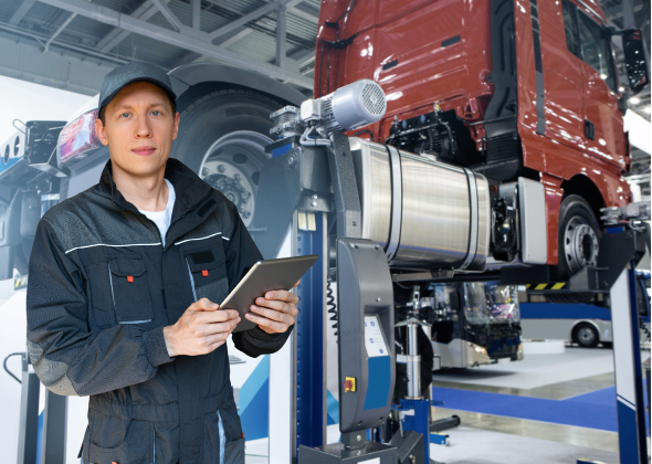 Mechanic stands near a truck